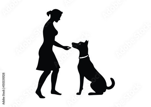 a woman training a dog silhouette vector flat icon illustration.