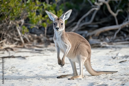 Kangaroo standing on the sandy beach in Australia