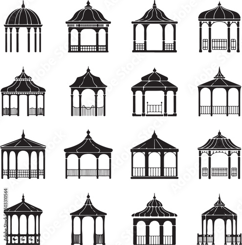 Black silhouettes of various gazebo designs, perfect for architecture, garden, and outdoor-themed projects.