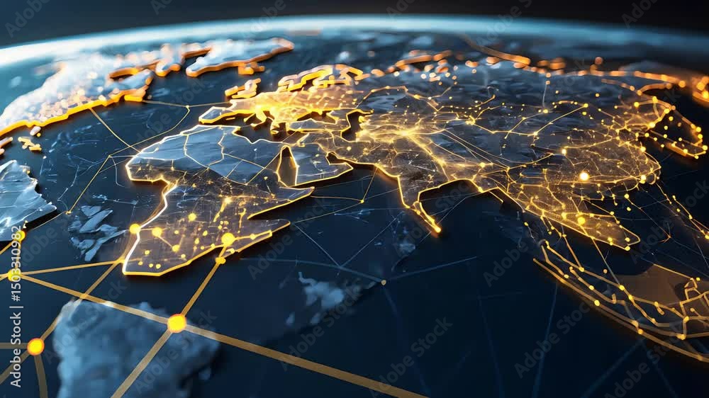 Illuminated world map from space showing glowing network connections across continents with digital lines and bright urban clusters