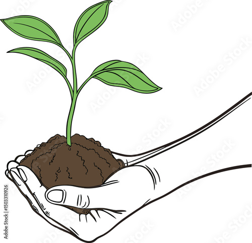 Close-Up of Hand Cradling Green Seedling in Rich Soil