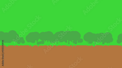 A Simple, Stylized Landscape Depicting a Line of Lush Green Trees Against a Vibrant Green Sky and Brown Earth.