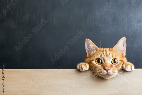 Curious ginger cat peeking over a wooden surface