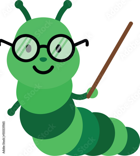 Green cartoon caterpillar character with glasses holding wooden pointer vector illustration 