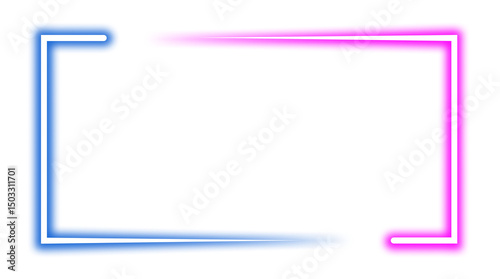 Rectangle Picture Frame with Two-Tone Neon Colors – Blue & Pink neon rectangle shape frame. Vivid glowing lavender border isolated on transparent background. Banner, Mockup, presentation, element, PNG