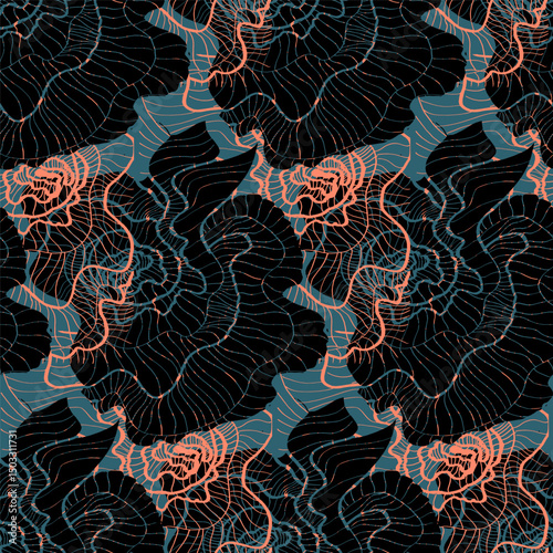 Dark modern vector seamless pattern of wavy abstract freehand lines. Perfect for home textile, wallpaper, fabric, bedding, package.