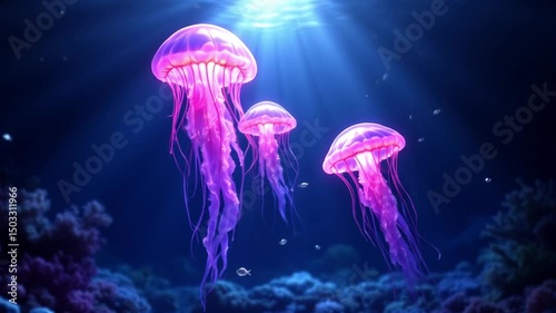 Three pink jellyfish swimming in ocean depths