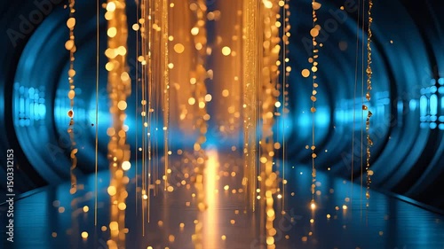 Golden glowing particle streams cascading in a futuristic blue-lit tunnel with reflections on the polished metallic floor surface

