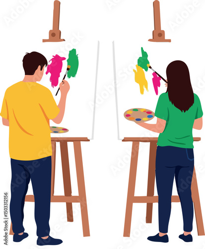 Two people painting on easels in art studio creative activity vector illustration 