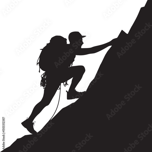 Silhouette of a climber ascending a steep rock face with gear and rope against a white background in monochrome