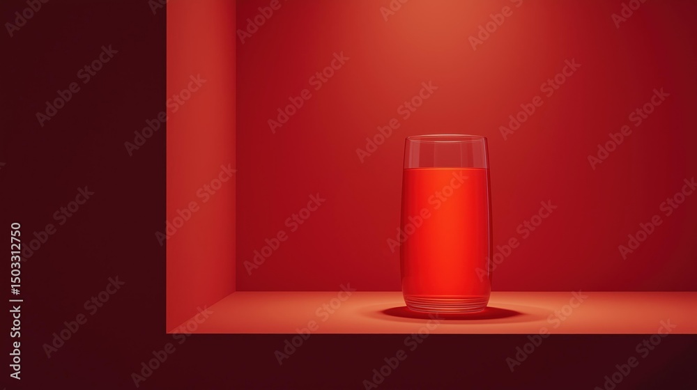 Obraz premium 3d rendering of a glass of red liquid on a red background. the glass is placed on a white surface with a shadow cast on it.