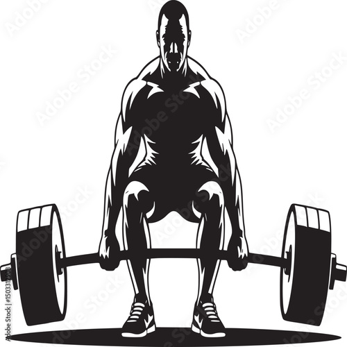 A muscular man preparing to lift a barbell in a deadlift position in a black and white illustration