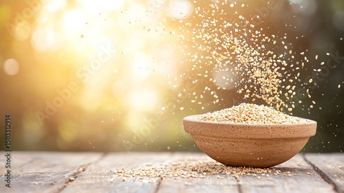 Raw Organic Grains in a Rustic Bowl, Sunlight Backdrop