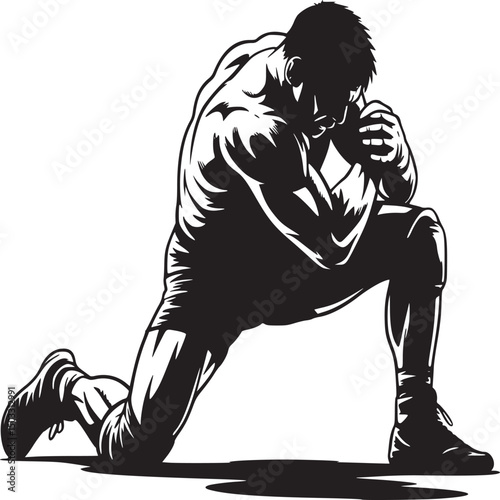 Silhouette of muscular man kneeling with hands clasped in front of him on a light background