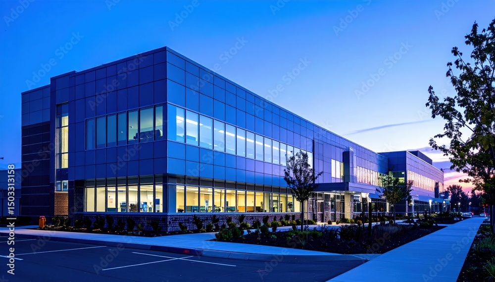 Obraz premium Modern office building with glass facade at twilight