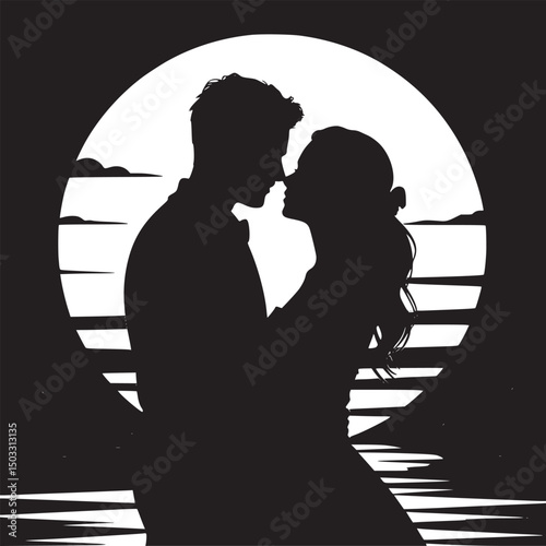 Silhouette of a couple embracing at sunset with a romantic and peaceful background illustration scene