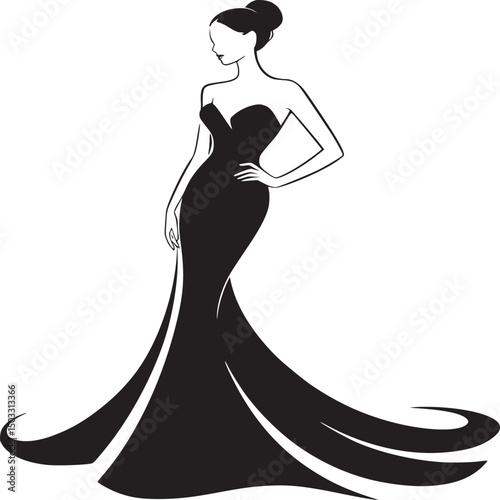Woman in elegant black gown with hand on hip in a minimalist black and white illustration style