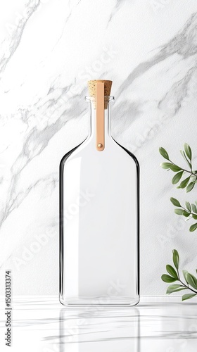 Realistic Mockup of Clear Glass Bottle with Cork and Leather Hanger on Marble