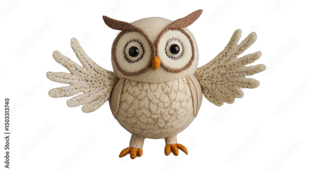 Obraz premium Adorable Handmade Felt Owl Toy with Open Wings on Transparent Background