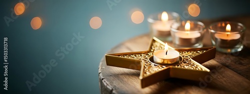 A table adorned with several candles, including a gold star-shaped candle, creating a warm ambiance.A collection of candles on a table, featuring a prominent gold star-shaped candle among them.
