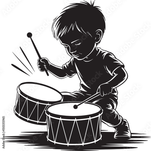 Silhouette of a young boy playing drums with drumsticks on a white background in black and white