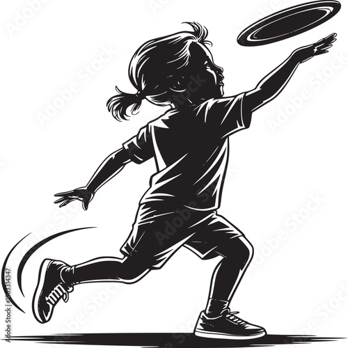 Silhouette of a young girl running and reaching for a flying disc in an action pose illustration