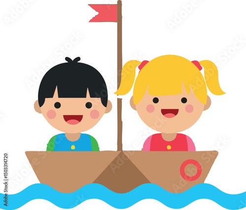 Children sailing small wooden boat with red flag on blue water vector illustration 