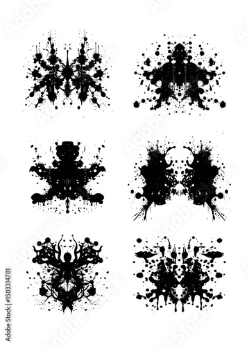 Rorschach test inkblots set isolate on white background.Abstract black ink stains inkblot blots silhouettes for mental treatment,psychology psychiatry examination.Diagnosis of schizophrenia.eps