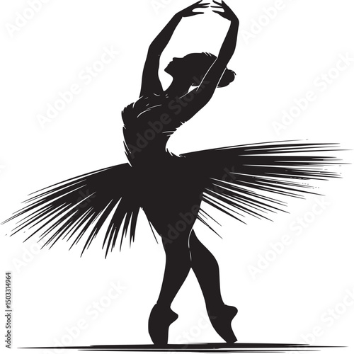 Silhouette of a ballerina in a tutu with arms raised against a white background in a dance pose