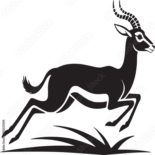 A black silhouette of a leaping antelope with curved horns over some grass on a white background