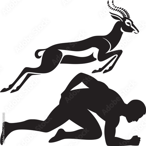 Black silhouette of a leaping gazelle above a man in a starting position on a white background