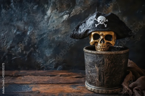 Pirate skull with hat inside a rustic pot