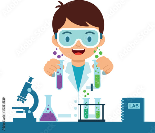 Boy Scientist Conducting Chemistry Experiment in Laboratory with Test Tubes and Microscope Vector Illustration 