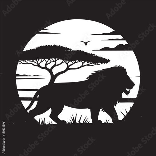 Silhouette of a lion walking near a tree with a large sun and clouds in the background at sunset time