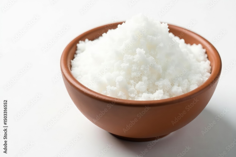 Bowl of white sugar, white background, close-up, white, top view, studio shot