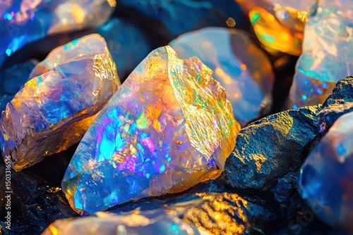 Sparkling opals on dark stones by day