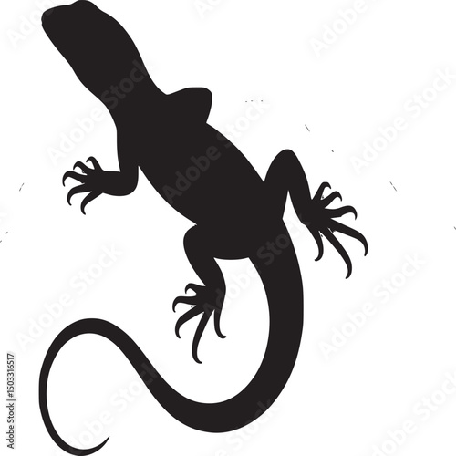 A black silhouette of a lizard with a curled tail on a rock with a light background illustration