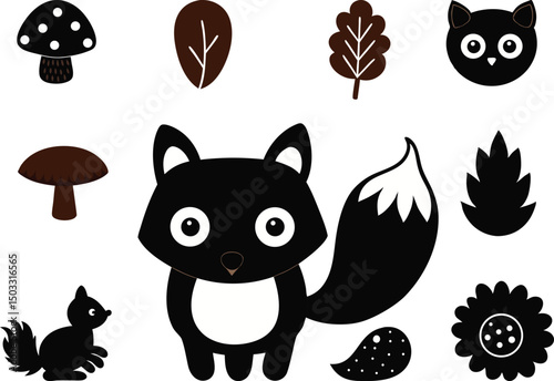 Whimsical Woodland Animals Clipart Set Illustration Silhouettes. Woodland Animal Silhouettes Clipart Set for Illustrations. Cute Woodland Creatures Clipart Set Illustration Silhouettes