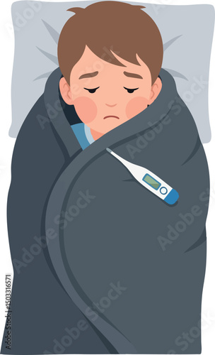 Sick boy wrapped in gray blanket with thermometer resting on pillow vector illustration 