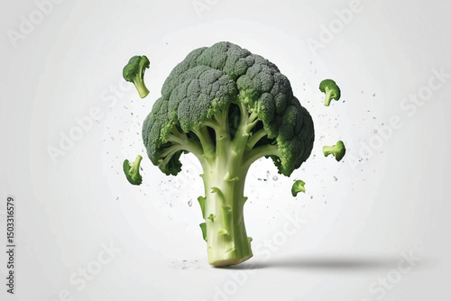 falling broccoli isolated on white background
