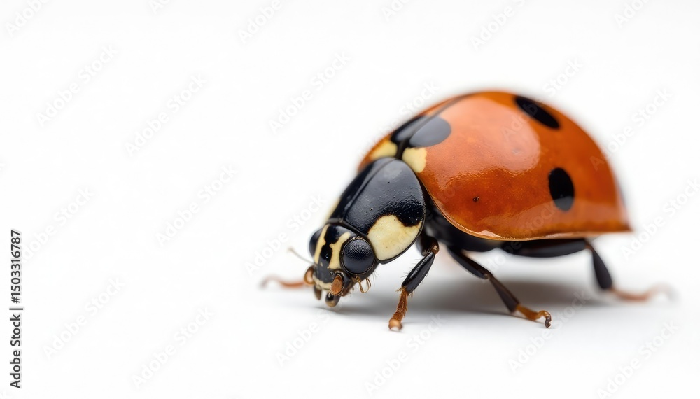 Fototapeta premium Close-up of a single ladybug on white background, background, coleoptera, antennae