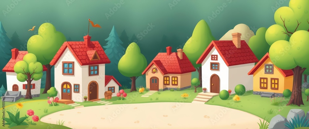 Charming cartoon tiny houses, trees, and countryside elements Vector illustration, cartoon, space Charming cartoon tiny houses, trees, and countryside elements Vector illustration, cartoon, space