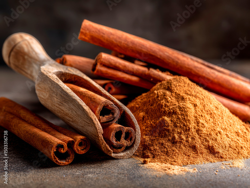 Cinnamon sticks alongside cinnamon powder in a scoop