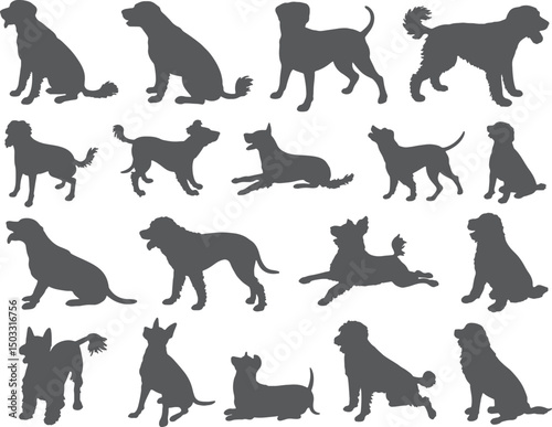 Collection of dog silhouettes various breeds poses