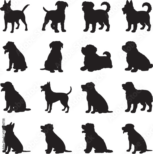 Sixteen dog silhouettes various breeds sitting standing