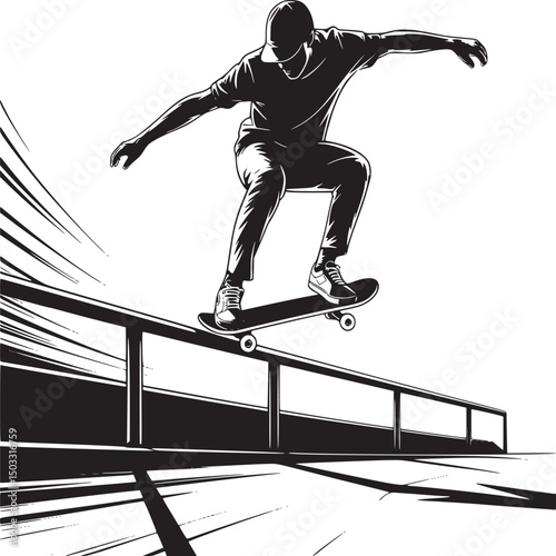 Silhouette of a skateboarder performing a trick on a rail in a black and white illustration style