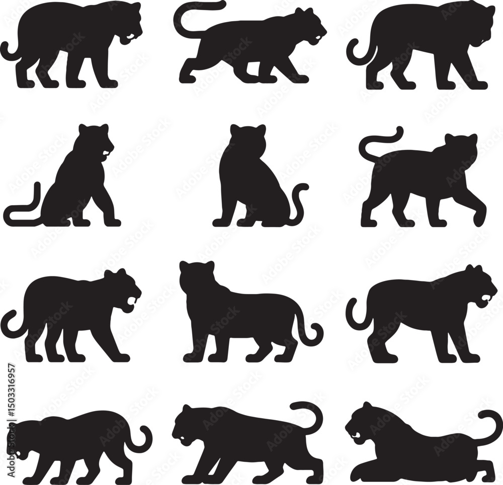 Obraz premium Twelve black silhouettes of tigers in various poses