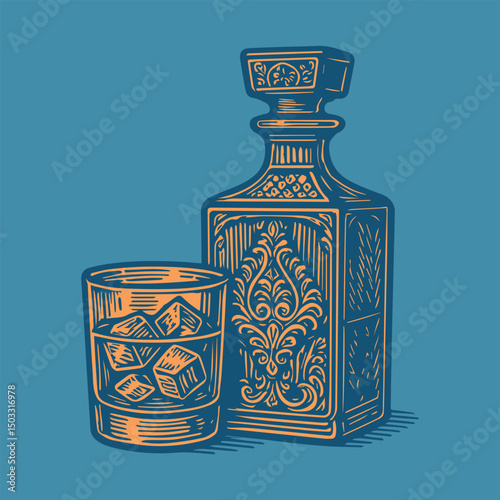 Whiskey decanter and glass retro color vector illustration