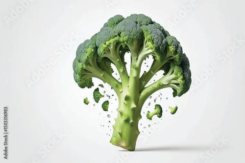 falling broccoli isolated on white background