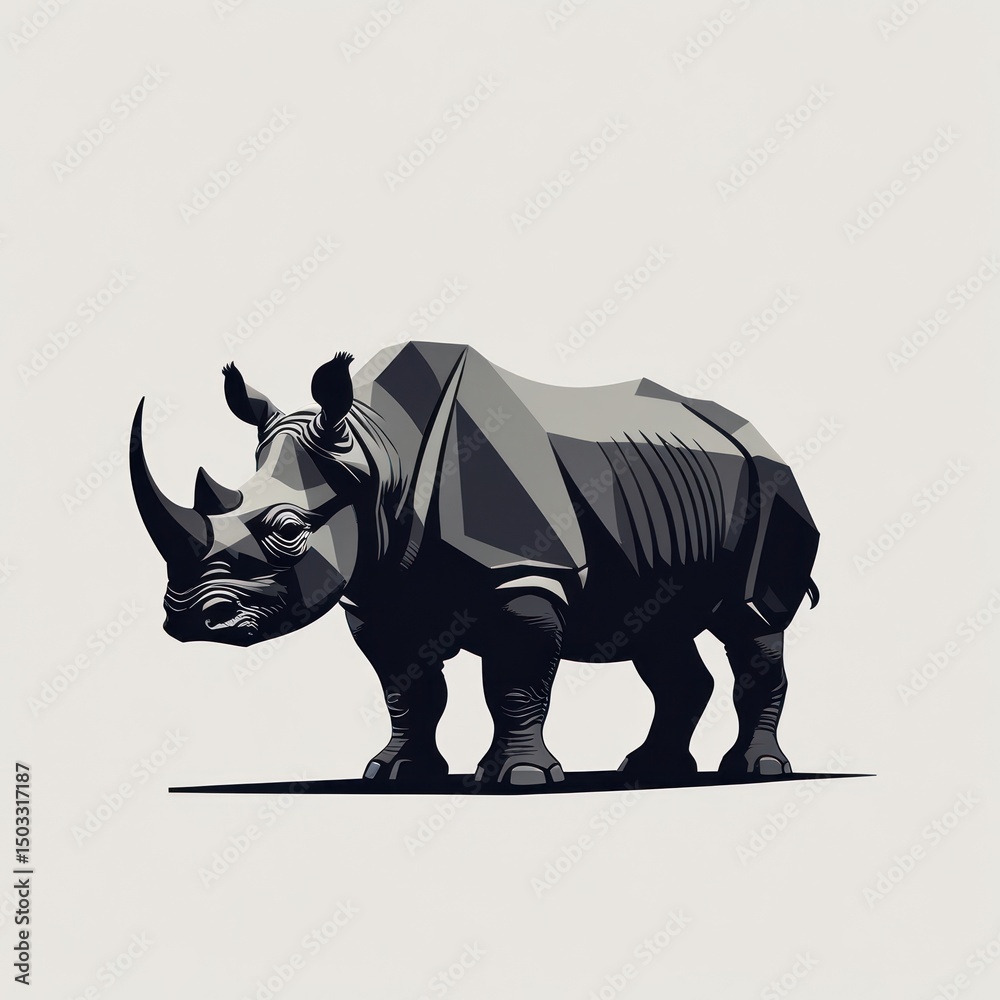 Fototapeta premium Geometric illustration of a rhinoceros in grayscale.